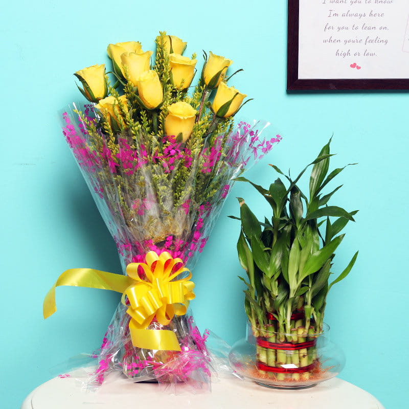 Lucky Bamboo with Yellow Roses