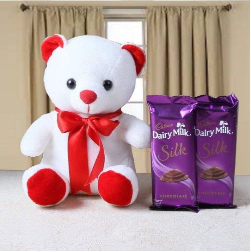 Adorable Teddy with 2 Dairy Milk Silk Chocolates